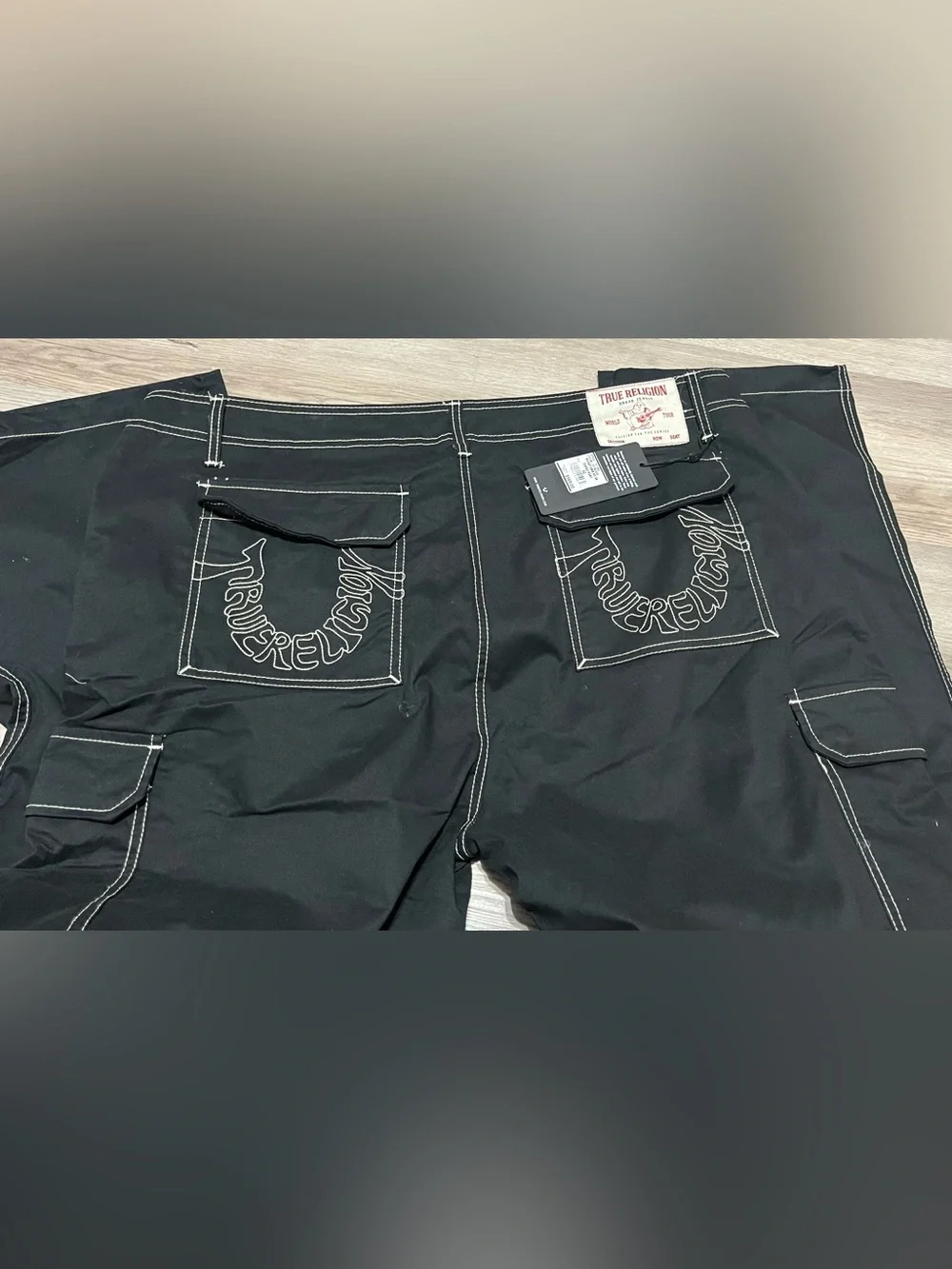 True Religion Cargo Pants Mens Size 44 Jet Black Outline Pocket Logo New $169